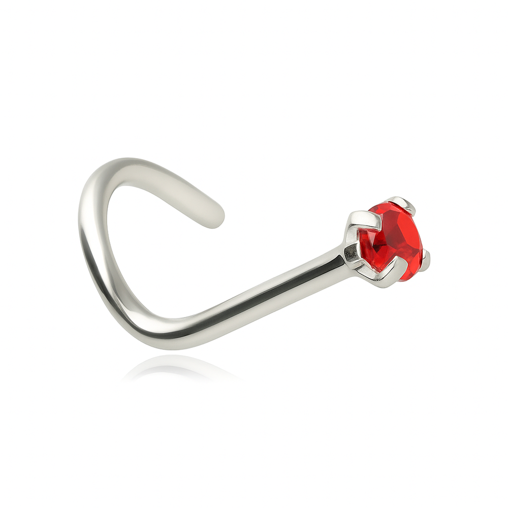 Piercing do nosu s červeným zirkonem - stříbrný - NS-006