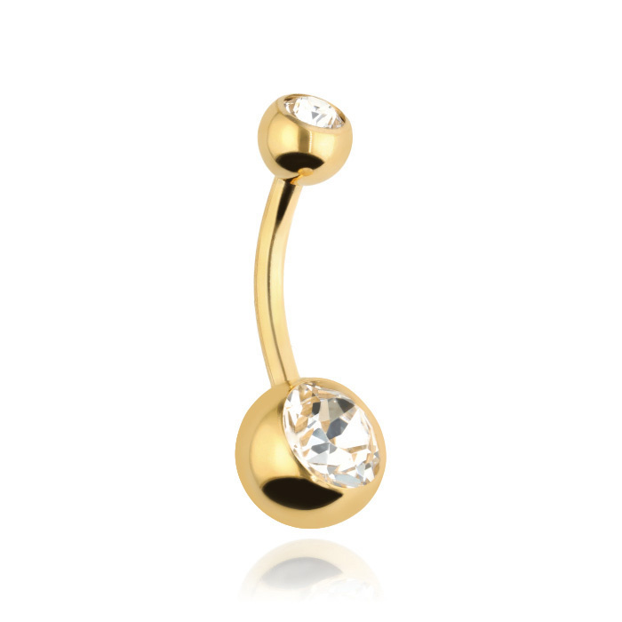 Titanový piercing do pupíku s bílými krystaly - zlatá - TPP-005