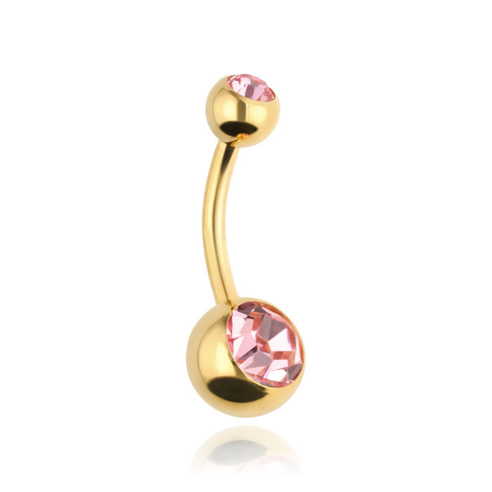 Titanový piercing do pupíku s růžovými krystaly - zlatá - TPP-005